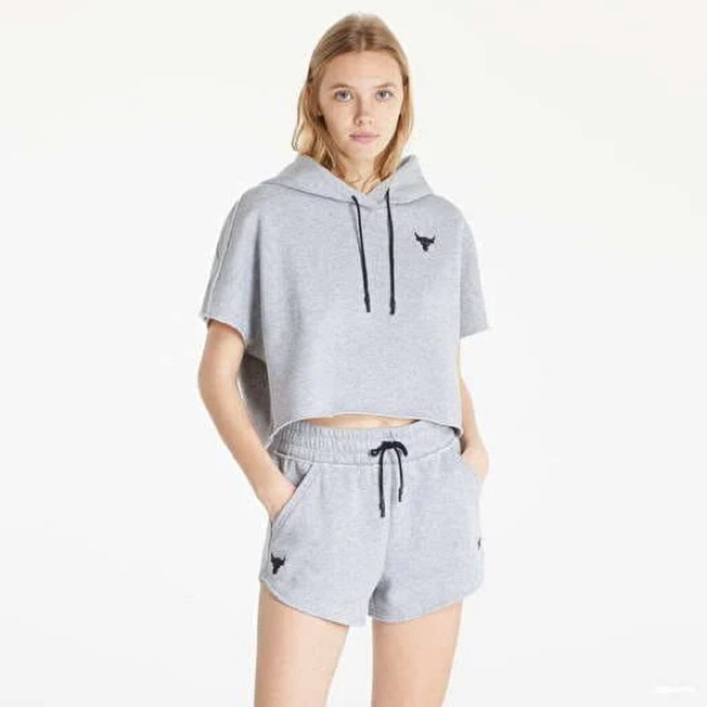 Under Armour Project Rock Sleeveless Cropped Training Hoodie Women's M Gray